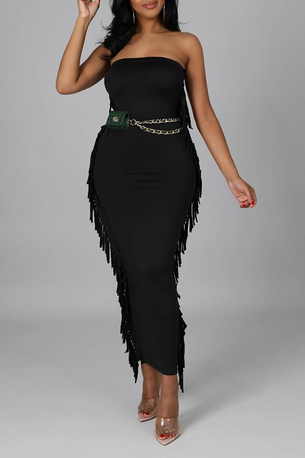 Fringe Stitching Wrapped Chest Solid Color Maxi Dress  Fashionpara