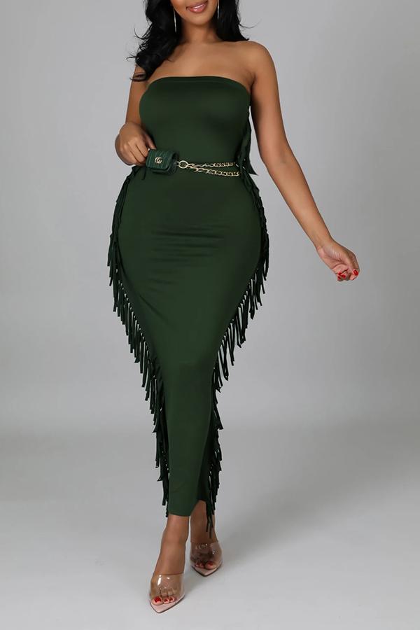 Fringe Stitching Wrapped Chest Solid Color Maxi Dress  Fashionpara