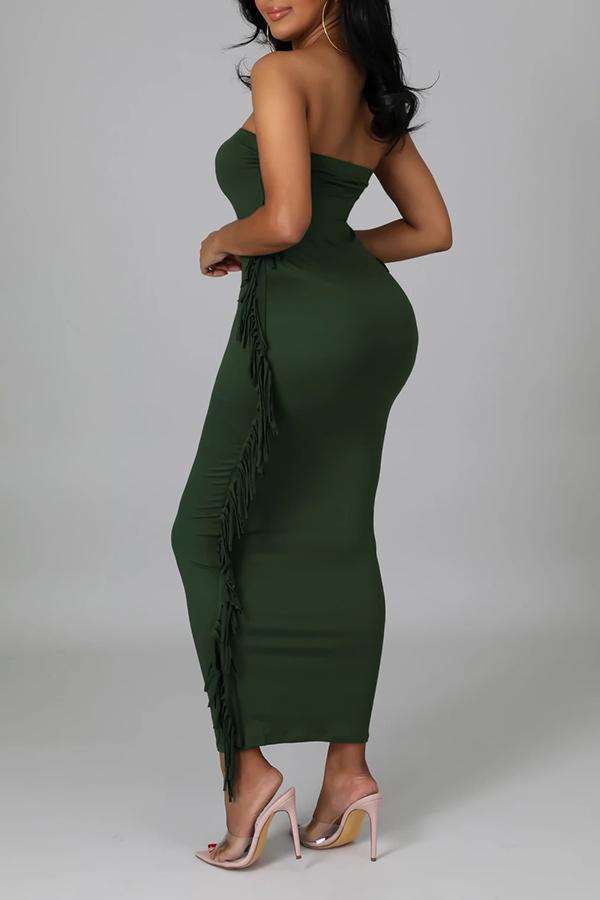 Fringe Stitching Wrapped Chest Solid Color Maxi Dress  Fashionpara