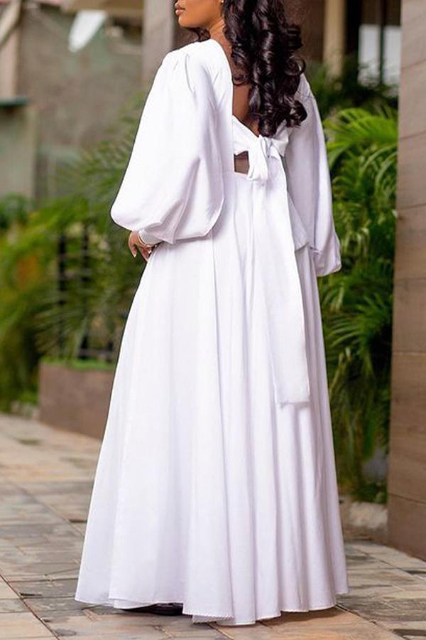 Retro Lantern Sleeve Solid Color High Waist Maxi Dress  Fashionpara