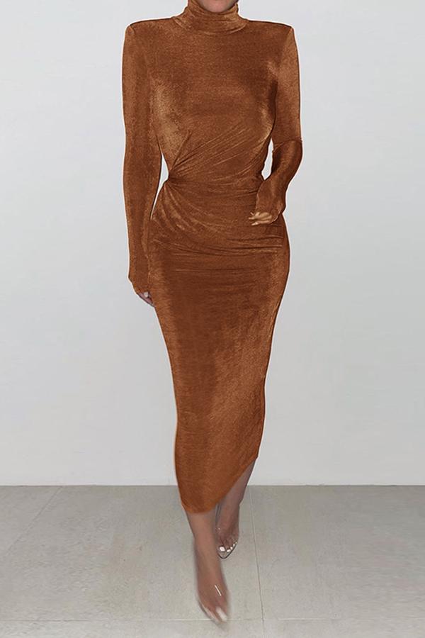 Half High Neck Pleated Waist Long Sleeve Midi Dress  Fashionpara