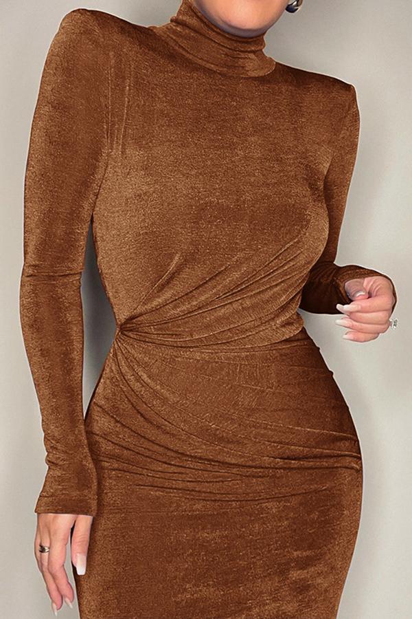 Half High Neck Pleated Waist Long Sleeve Midi Dress  Fashionpara
