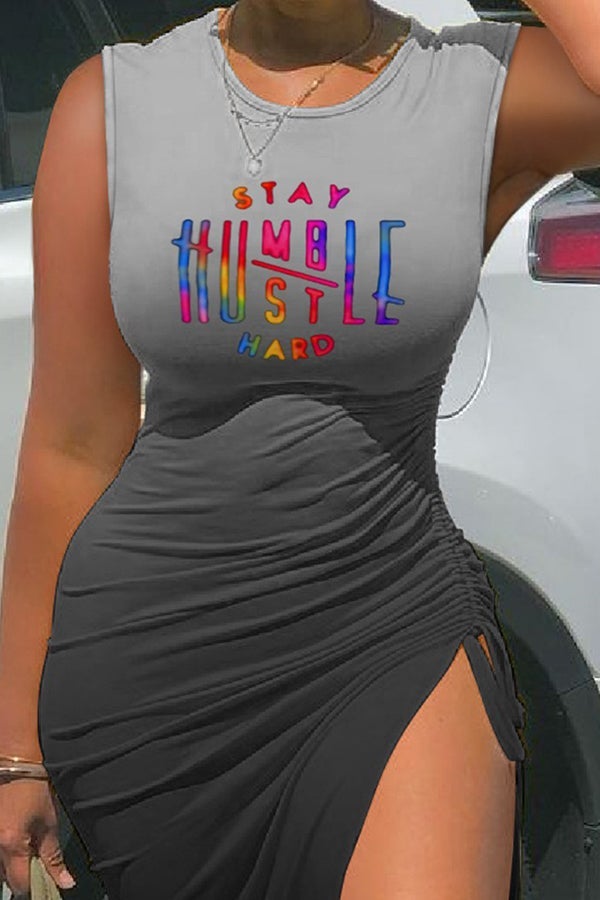 Casual Printed Short-sleeved Drawstring Pleated Midi Dress  Fashionpara