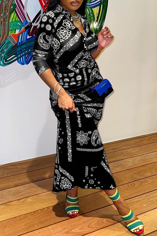 Buttoned Shirt Collar Paisley Print Maxi Dress  Fashionpara