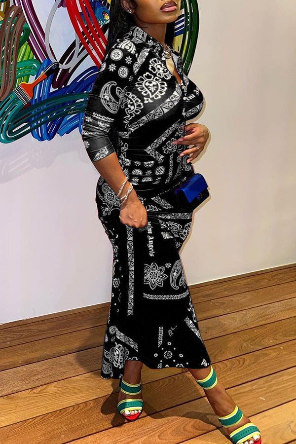 Buttoned Shirt Collar Paisley Print Maxi Dress  Fashionpara