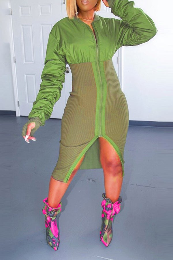 Sleek Solid Color Patchwork Chain Slit Midi Dress  Fashionpara