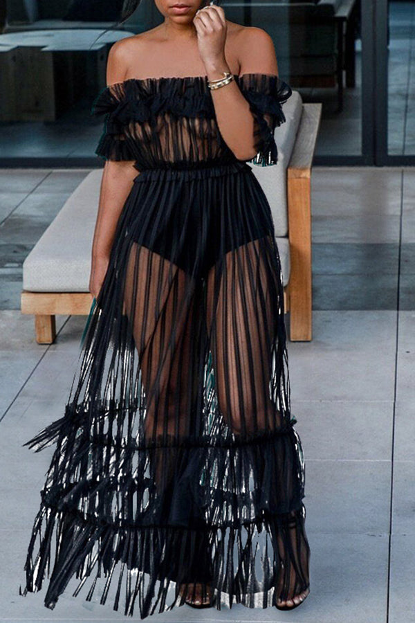Off-the-shoulder Mesh Pleated Maxi Dress - Fashionpara