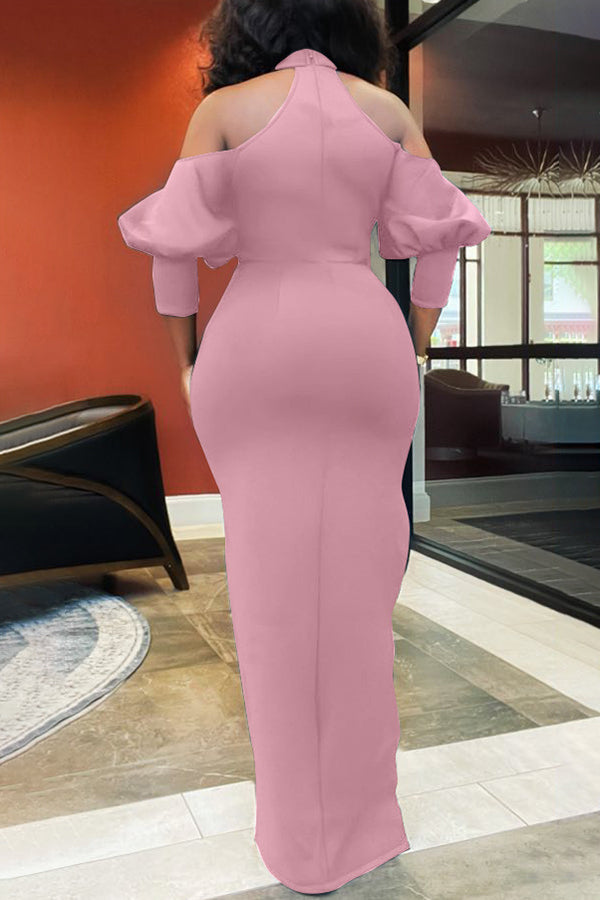 High Neck Off Shoulder Balloon Sleeve Slit Maxi Dress  Fashionpara