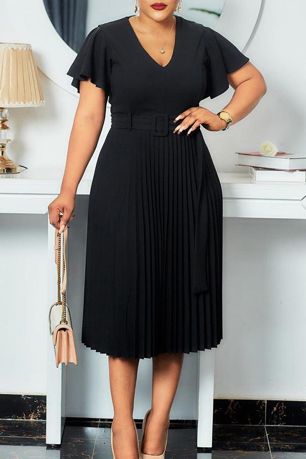 Temperament V Neck Plus Size Pleated Midi Dress  Fashionpara