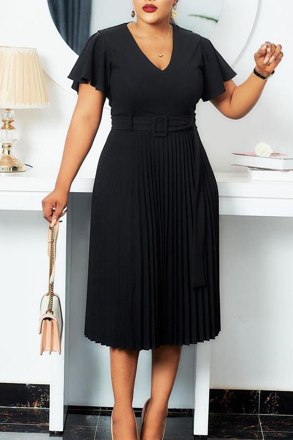 Temperament V Neck Plus Size Pleated Midi Dress  Fashionpara