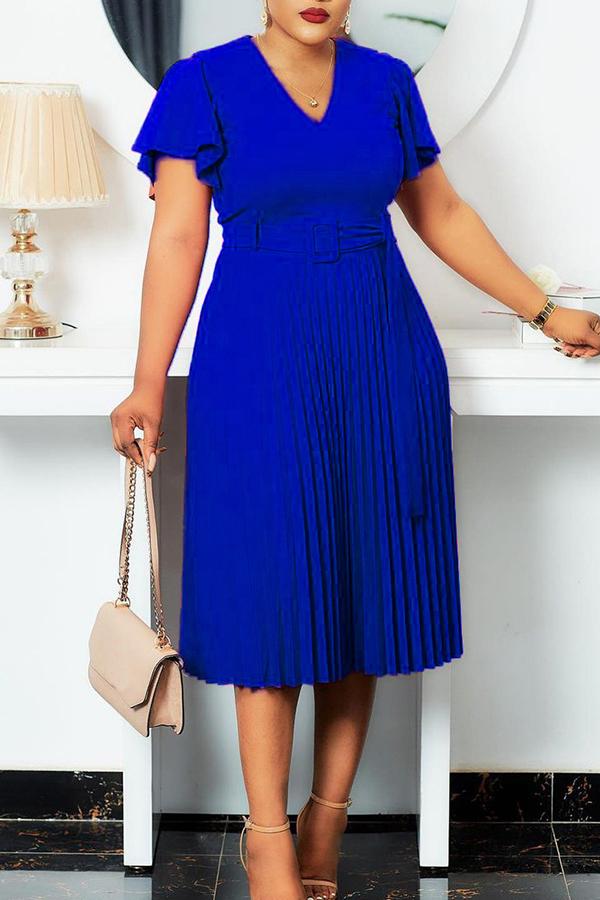 Temperament V Neck Plus Size Pleated Midi Dress  Fashionpara