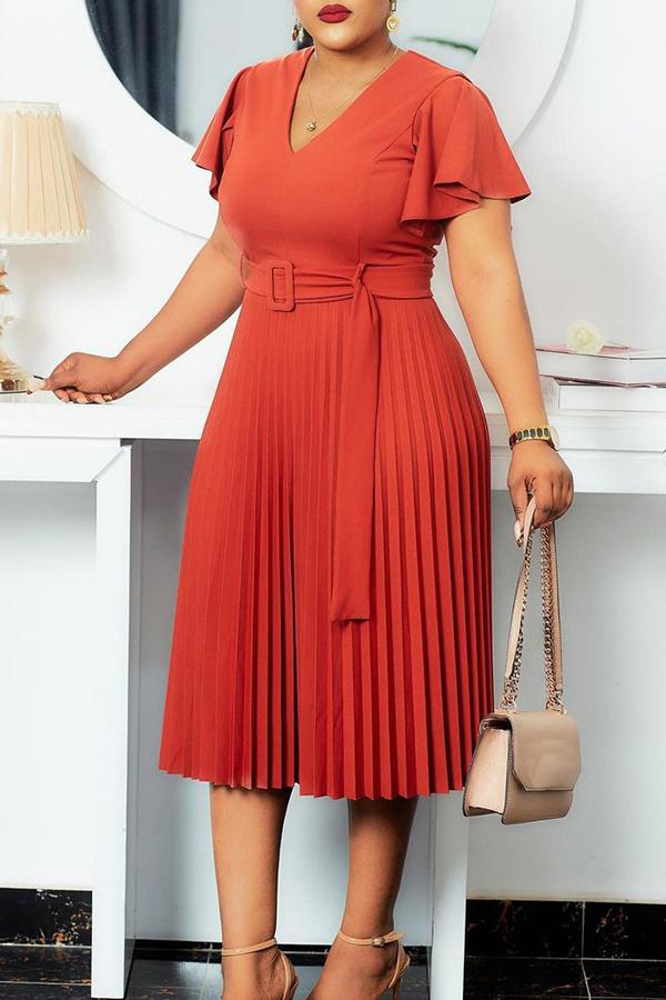 Temperament V Neck Plus Size Pleated Midi Dress  Fashionpara
