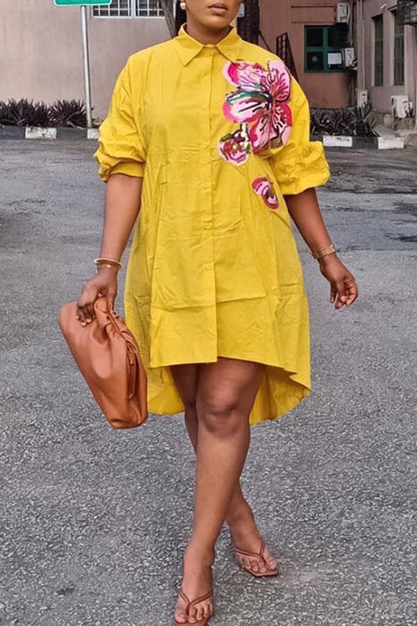 Fashion Floral Print Loose Shirt Mini Dresses