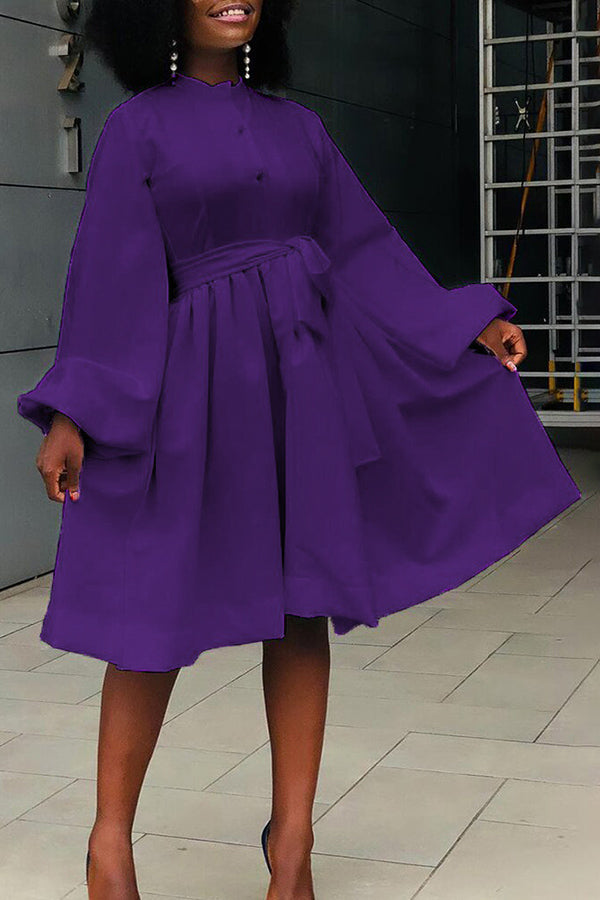 Elegant Solid Color Lantern Sleeve Lace Up Midi Dresses
