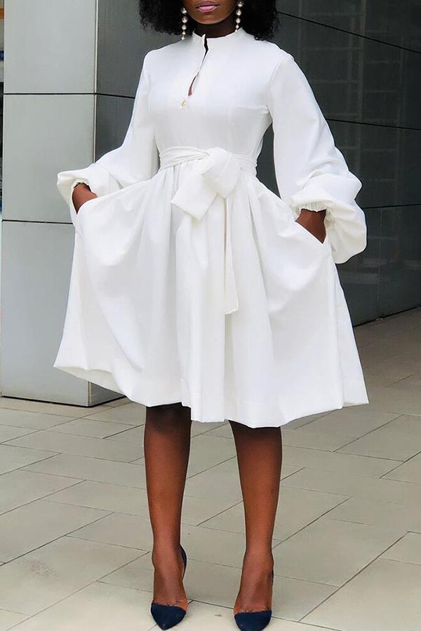 Elegant Solid Color Lantern Sleeve Lace Up Midi Dresses