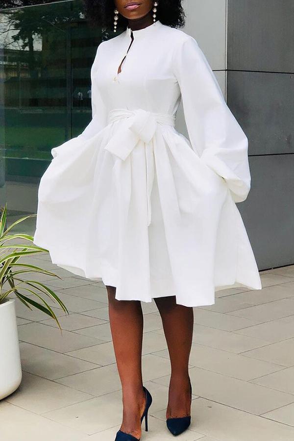 Elegant Solid Color Lantern Sleeve Lace Up Midi Dresses