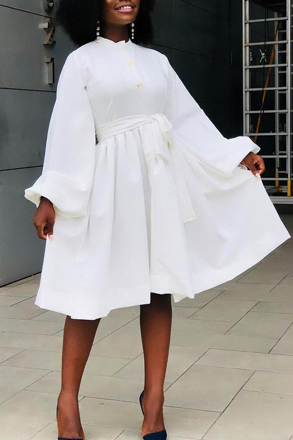 Elegant Solid Color Lantern Sleeve Lace Up Midi Dresses