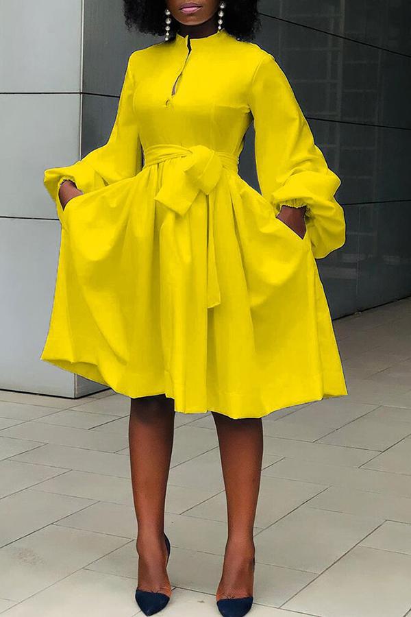 Elegant Solid Color Lantern Sleeve Lace Up Midi Dresses