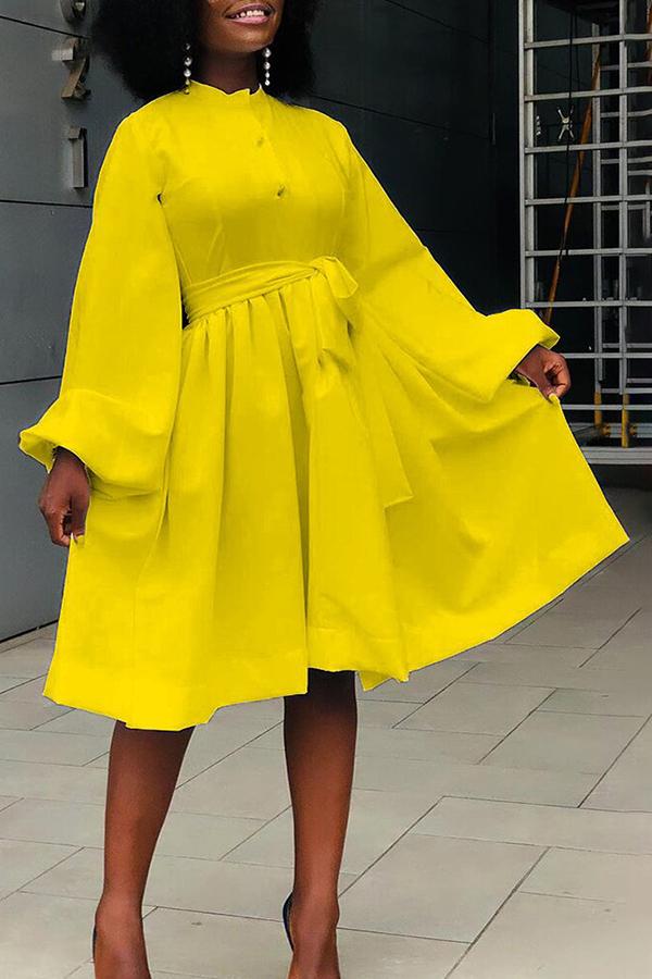 Elegant Solid Color Lantern Sleeve Lace Up Midi Dresses