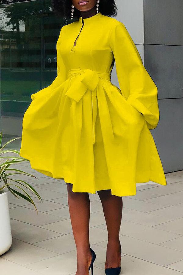 Elegant Solid Color Lantern Sleeve Lace Up Midi Dresses
