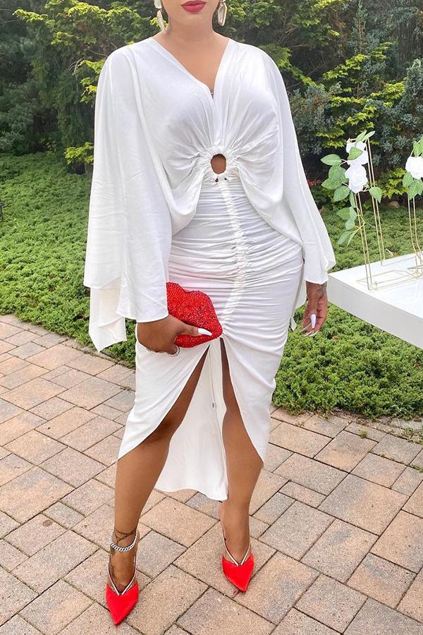 Fashion V-neck Batwing Sleeve Drawstring Midi Dress  Fashionpara