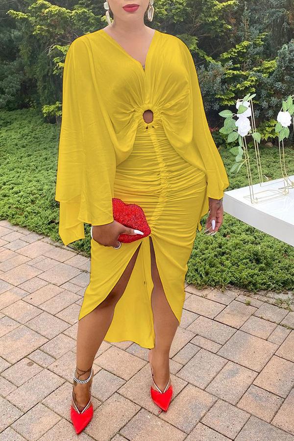 Fashion V-neck Batwing Sleeve Drawstring Midi Dress