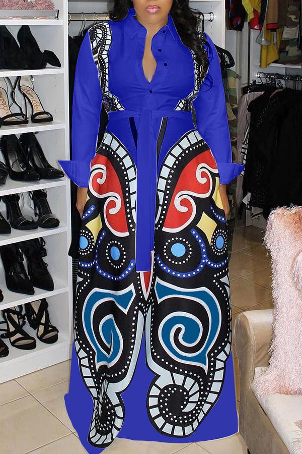 Elegant Shirt Collar Butterfly Print Belt Maxi Dress  Fashionpara