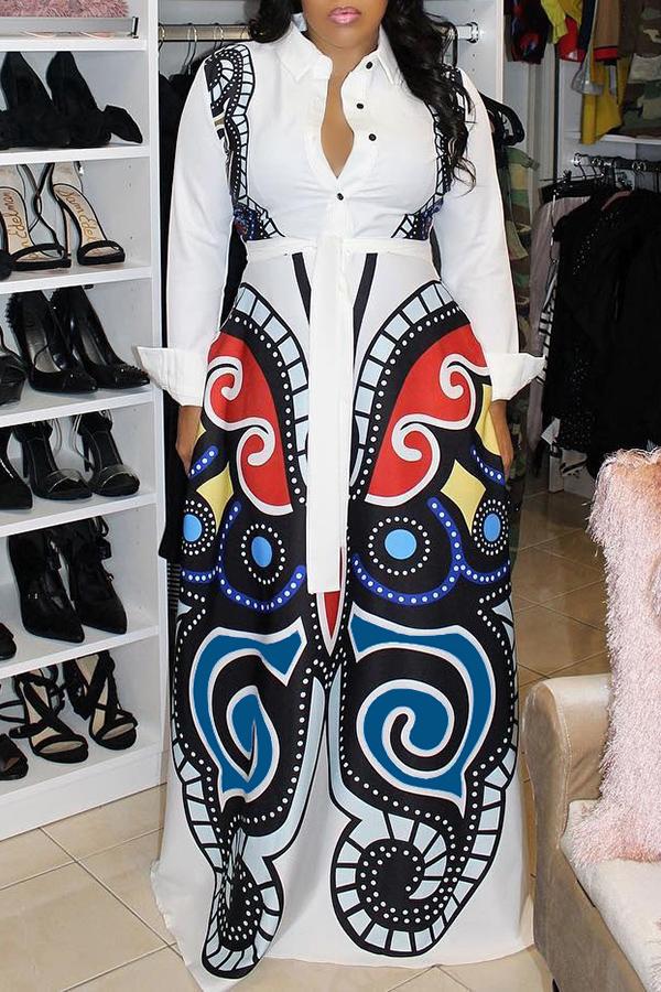 Elegant Shirt Collar Butterfly Print Belt Maxi Dress