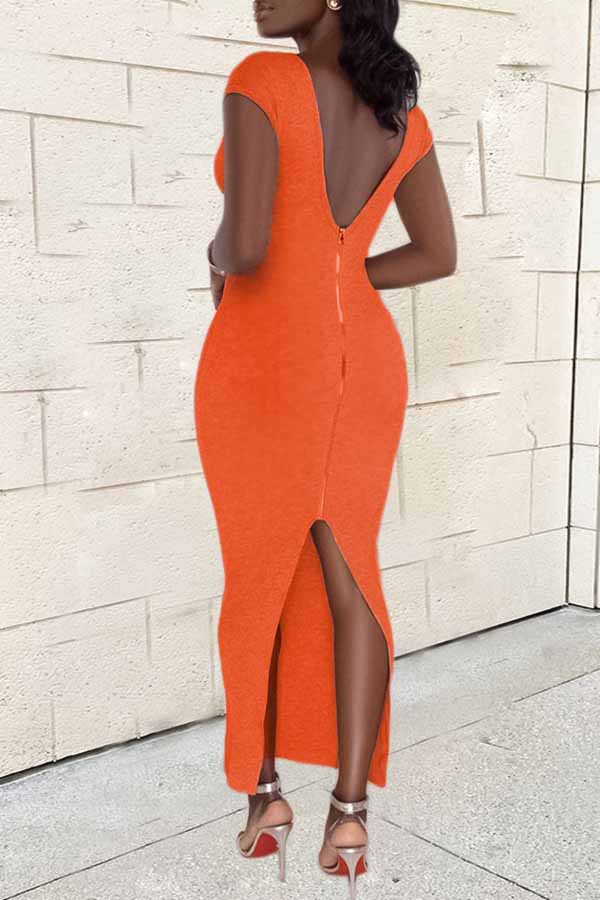 Sexy Solid Color V-neck Split Zipper Maxi Dress  Fashionpara
