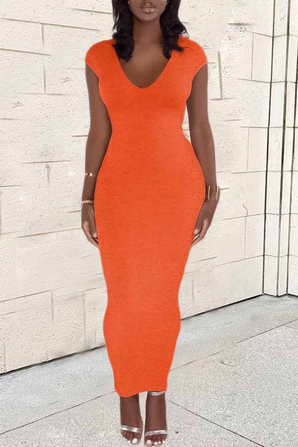 Sexy Solid Color V-neck Split Zipper Maxi Dress  Fashionpara