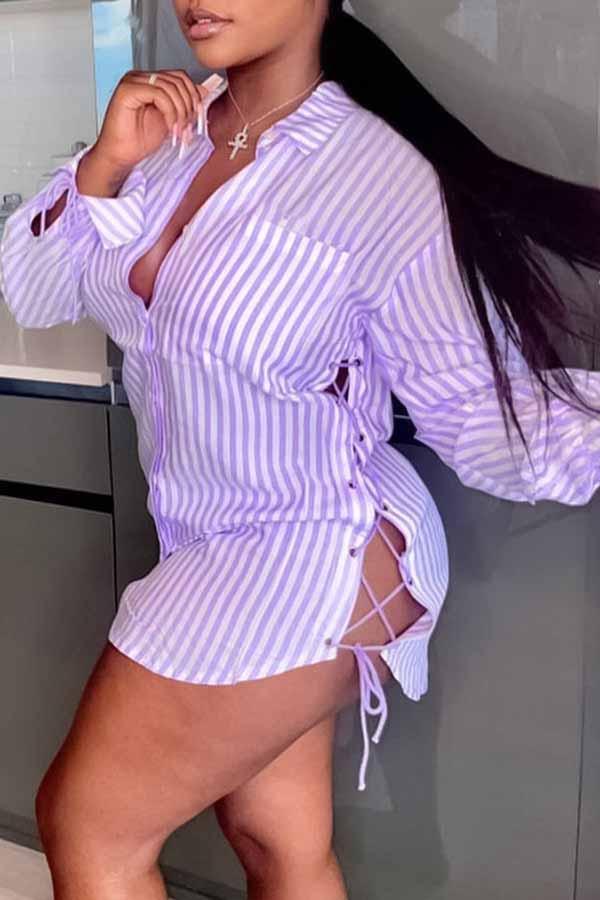 Personalized Striped Lace Up Slit Mini Dress  Fashionpara