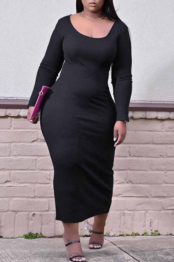 Simple Solid Color U Collar Long Sleeved Plus Size Maxi Dress  Fashionpara
