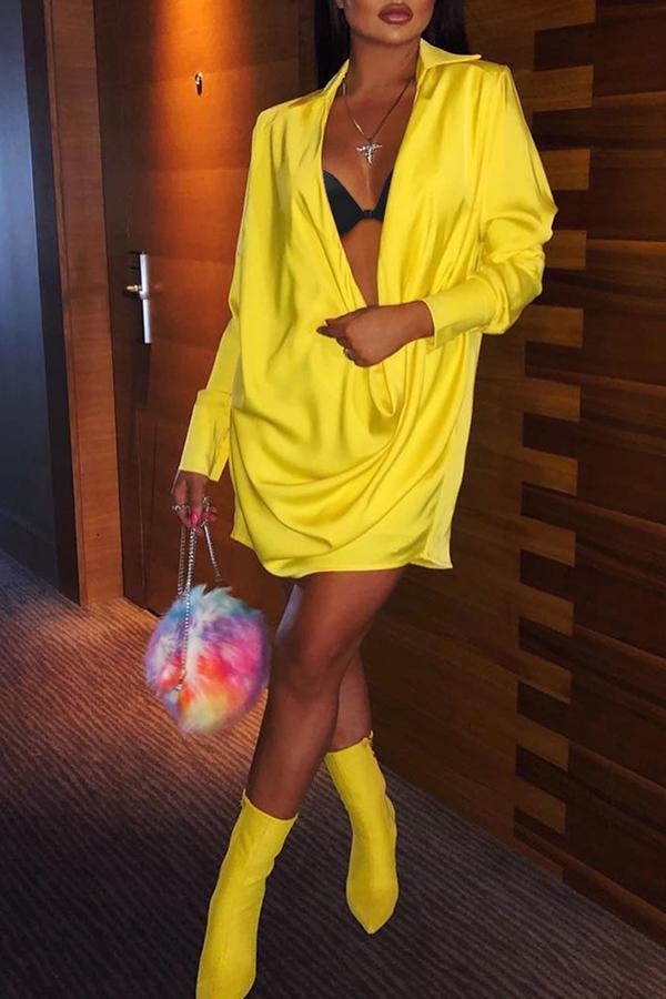 Sexy Deep V-neck Pleated Solid Color Mini Dress  Fashionpara