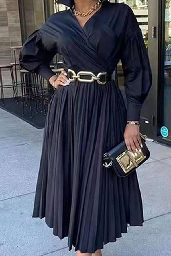 Elegant V-neck Long Sleeve Pleated Maxi Dress  Fashionpara