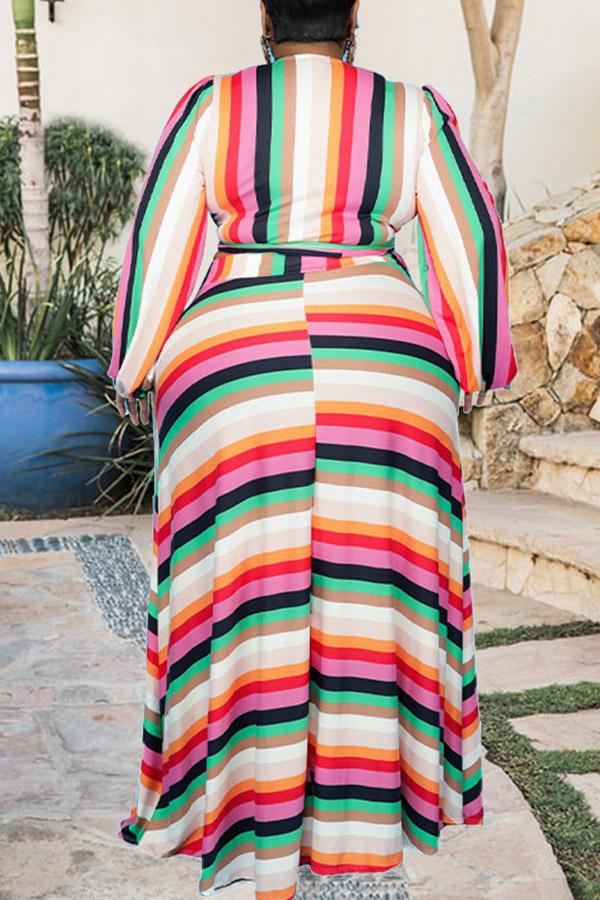 Fashion Striped Plus Size V-neck Lace Up Maxi Dress  Fashionpara