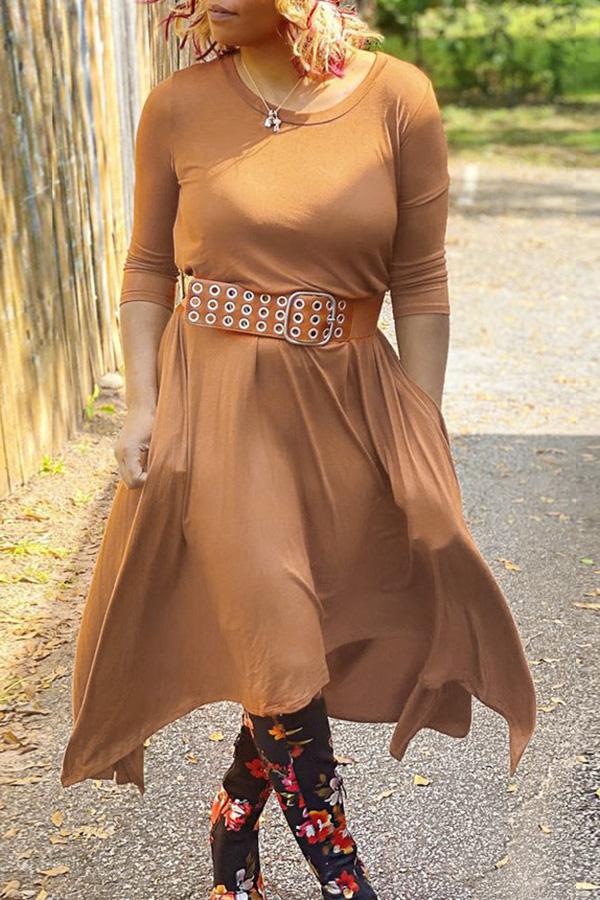 Comfortable Plus Size 3/4 Length Sleeve Irregular Midi Dress (Without Belt)  Fashionpara