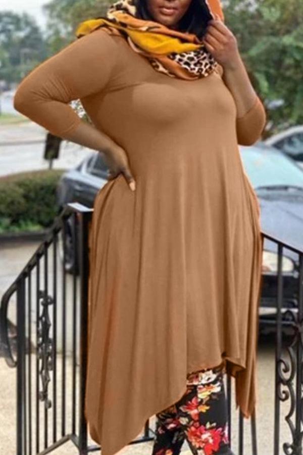 Comfortable Plus Size 3/4 Length Sleeve Irregular Midi Dress (Without Belt)  Fashionpara