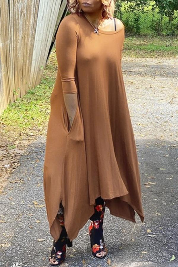 Comfortable Plus Size 3/4 Length Sleeve Irregular Midi Dress (Without Belt)  Fashionpara