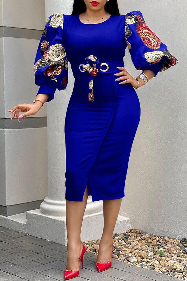 Temperament Commuter Printed Lace-up Midi Dress  Fashionpara