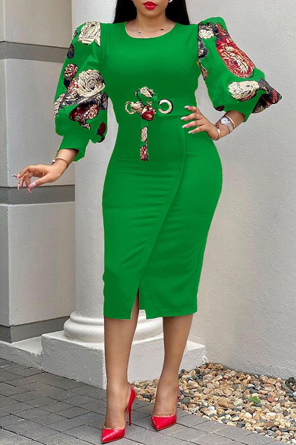 Temperament Commuter Printed Lace-up Midi Dress  Fashionpara