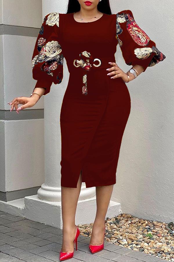 Temperament Commuter Printed Lace-up Midi Dress  Fashionpara