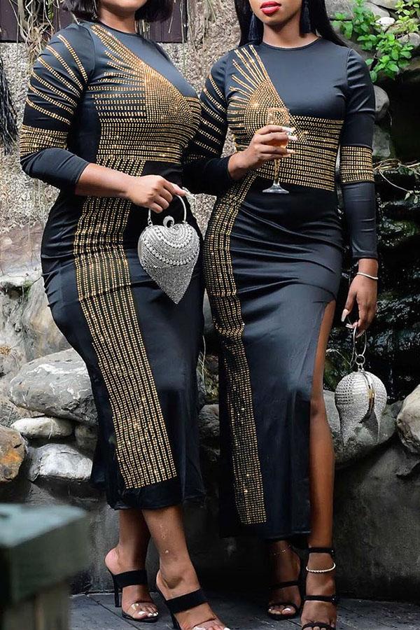 Sexy Rhinestone Round Neck Split Long Sleeve Maxi Dress  Fashionpara