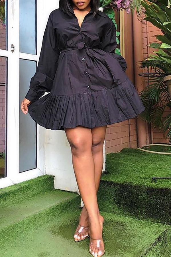 Temperament Shirt Belt Single Breasted Pleated Mini Dress  Fashionpara