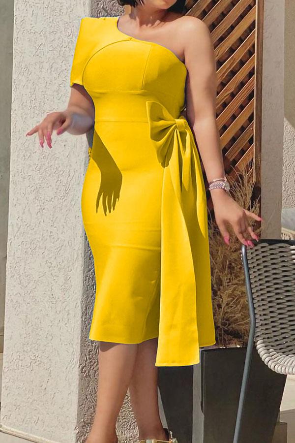 Temperament One Shoulder Bow Slim Midi Dress  Fashionpara