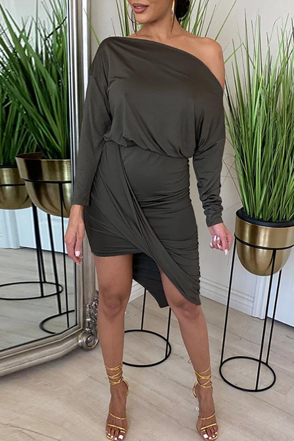 Elegant Slanted Shoulder Irregular Pleated Mini Dress