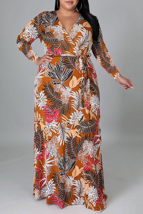 Fashion V-neck Printed Long Sleeved Plus Size Slit Maxi Dress  Fashionpara
