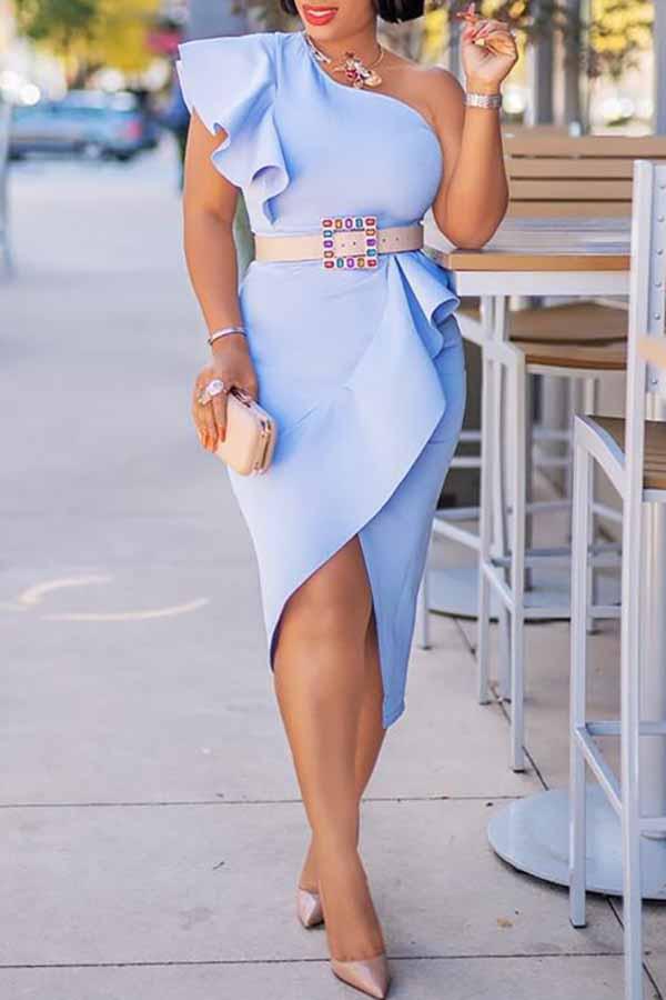 Solid Color One Shoulder Irregular Ruffled Plus Size Midi Dress  Fashionpara