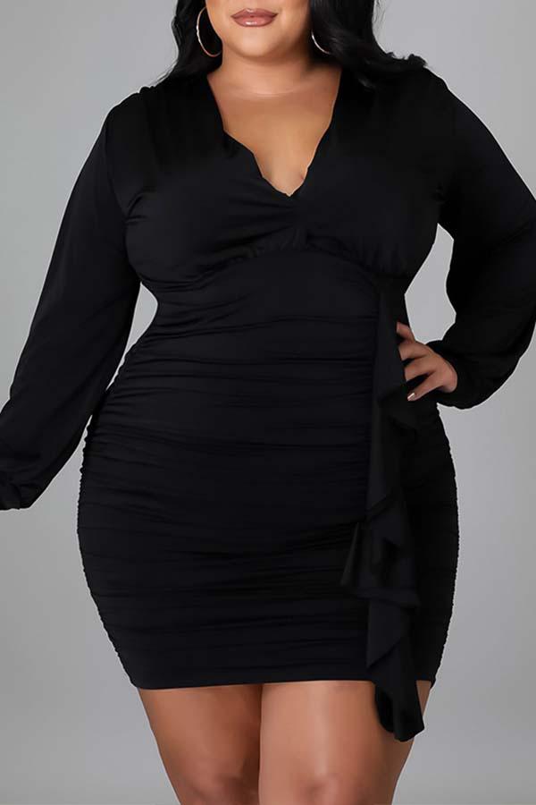 Sexy Solid Color Pleated Deep V-neck Plus Size Mini Dress  Fashionpara