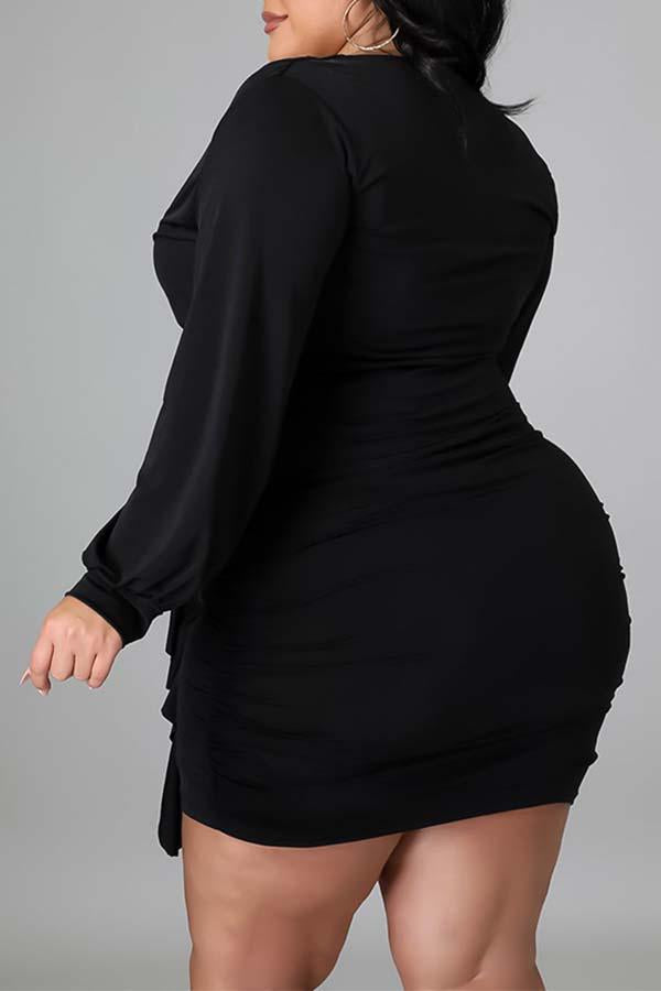 Sexy Solid Color Pleated Deep V-neck Plus Size Mini Dress  Fashionpara