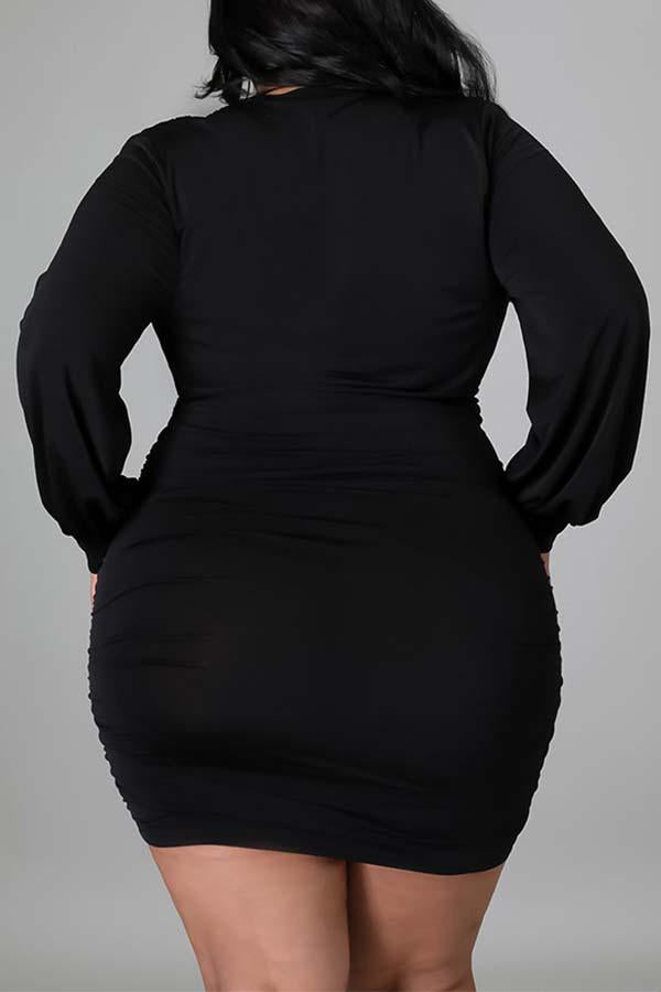 Sexy Solid Color Pleated Deep V-neck Plus Size Mini Dress  Fashionpara